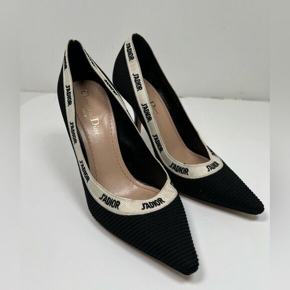 CHRISTIAN DIOR Technical Canvas Ribbon Embroidered J'Adior 100mm Pumps 38 Black - Picture 1 of 7